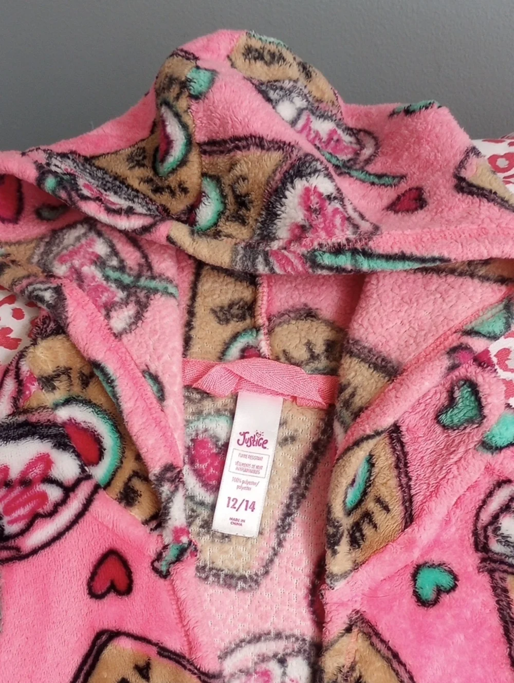 Pink Fleece Hoodie Robe with Coffee & Hearts Print